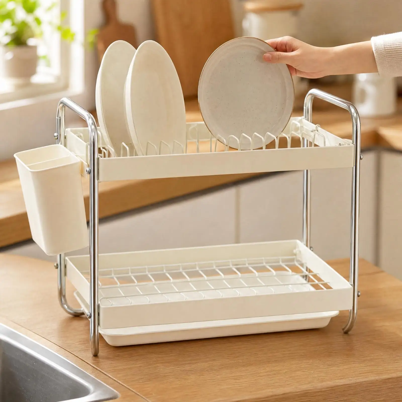 Dish Drainer Rack for Kitchen Countertop with Raised Side Rails and Utensil Storage Basket