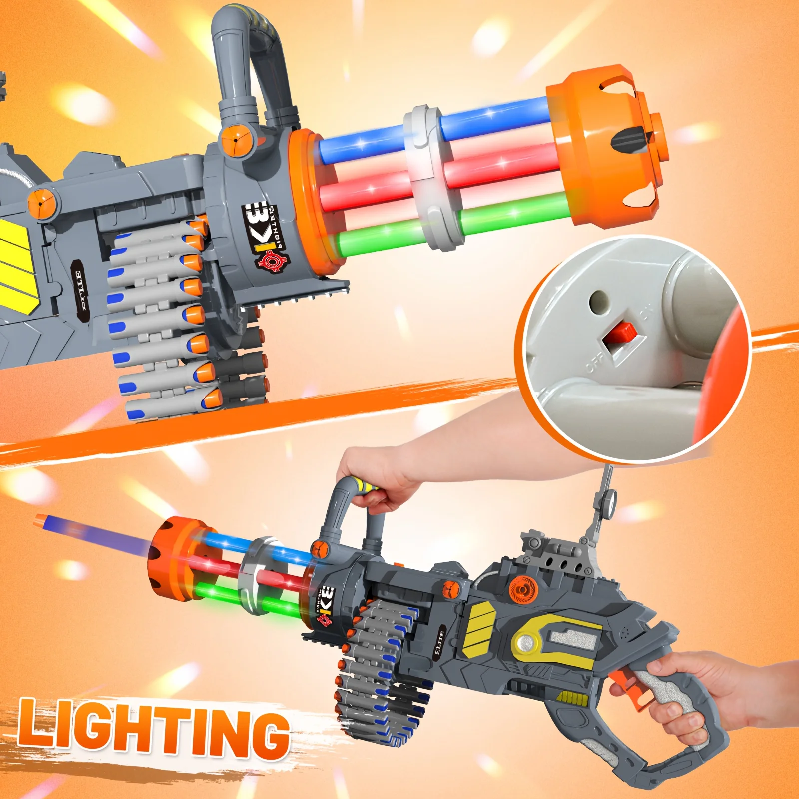 

Electric Gatling Toy Gun with 60 Soft Bullets - Continuous Fire Light-Up Competition Duel Ideal for Birthday & Christmas Gifts
