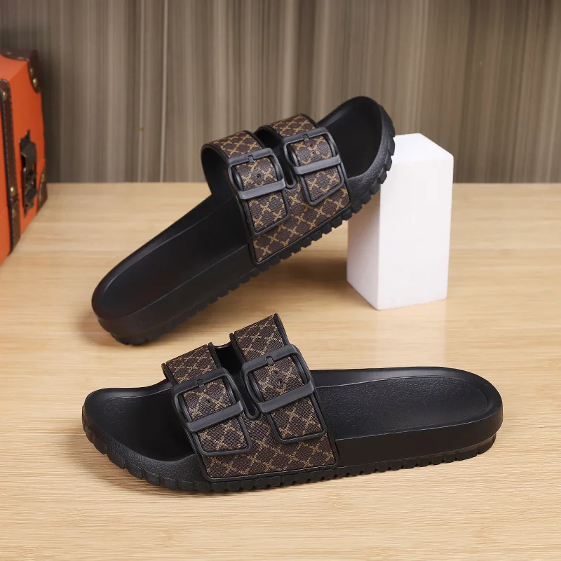 Zapatillas de moda con diseño de doble botón para hombre, sandalias de playa informales de suela blanda ligeras y resistentes al desgaste de EVA, zapatos planos cómodos para hombre