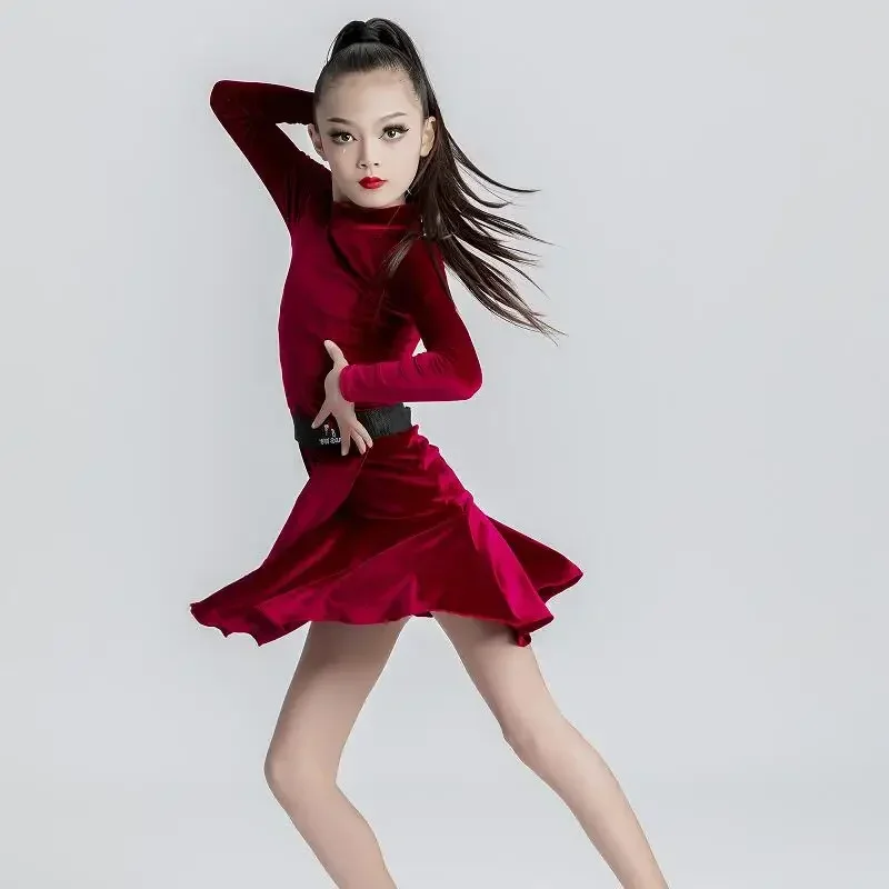 Girls Latin Dance Dress Children New Autumn Winter Training Competition Performance Latin Dress