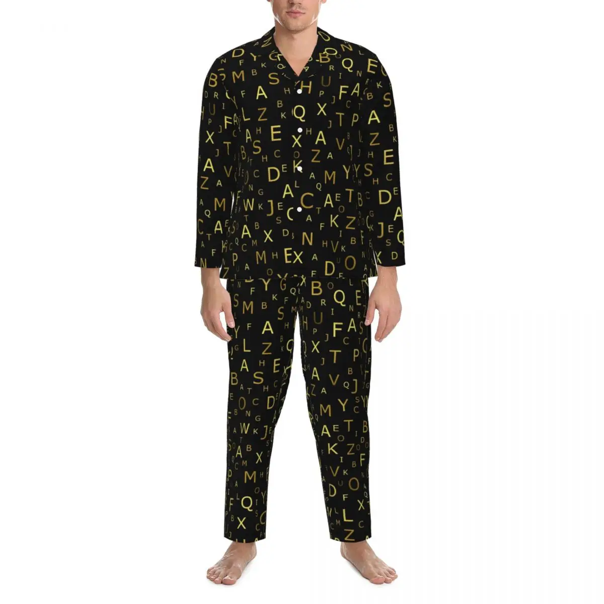 Golden Letter Sleepwear Autumn Alphabet Print Casual Loose Oversize Pajama Sets Male Long Sleeves Leisure Graphic Home Suit