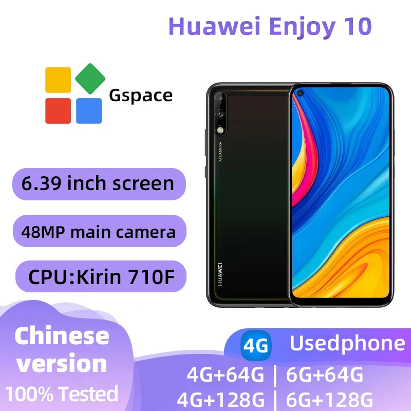 Huawei Enjoy 10 4G Android 6.39 calowy ekran CPU HiSilicon Kirin 710F 4000 mAh 48 MP aparat odblokowany używany telefon