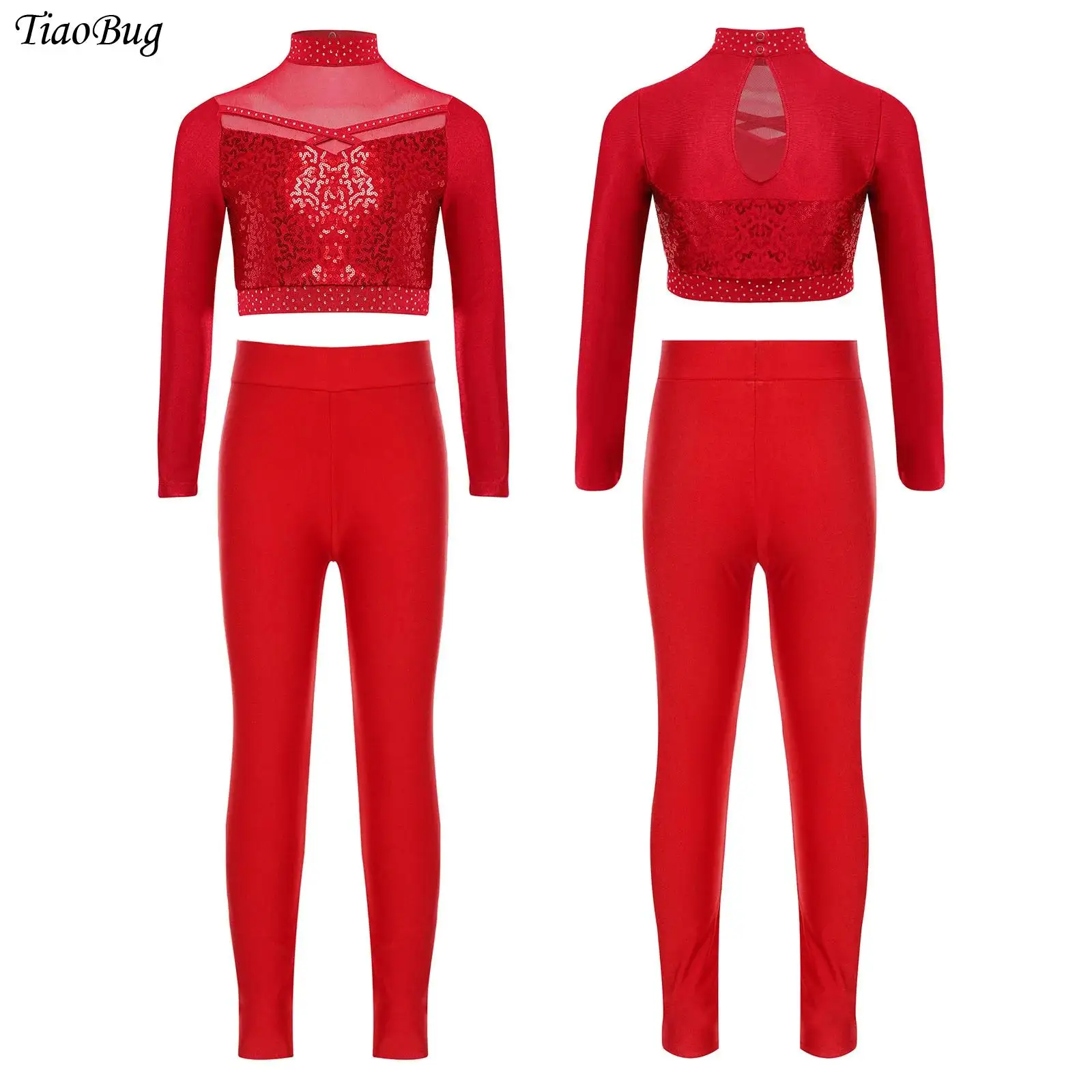

Kids Girls Gymnastics Ballet Jazz Dance Costume Long Sleeve Mesh Sequins Crop Top with Leggings Pants Performance Dance Outfit