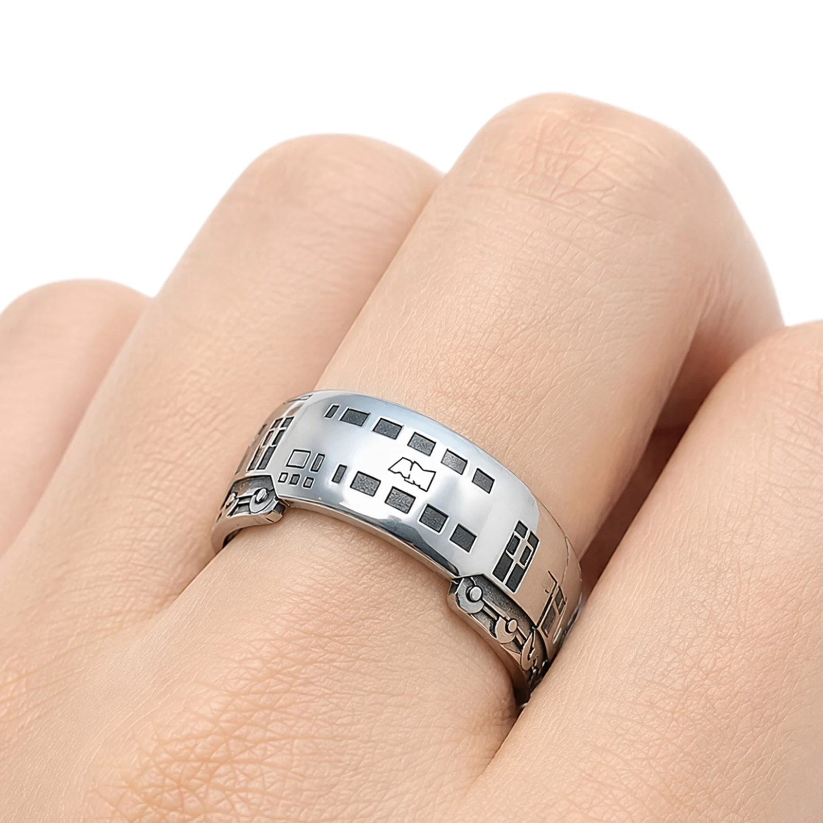 Spinning Subway Train Ring Platinum Plated Vintage Silver Wide Band Fidget Spinner Rings Quirky Jewelry Gifts for Transit Lover