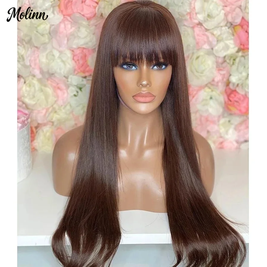 Chestnut Brown Wig Straight Lace Front Wig With Bangs Premium Fibre Synthetic And Blend Lace Wigs High Quality Cosplay For Women