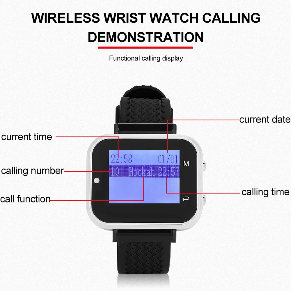 Wirelesslinkx Wireless Restaurant Pager Waiter Calling System 1pcs Watch Receiver + 10pcs Button For Hookah Clinic Hospital