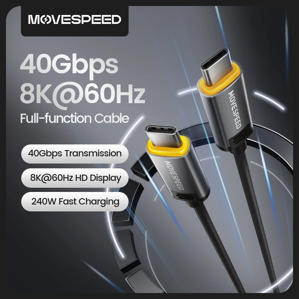 MOVESPEED T01 USB C Cable 240W Fast Charging 40Gbps Type C Data Cable 8K 60Hz Full Function Cable for MacBook Surface HP Laptop