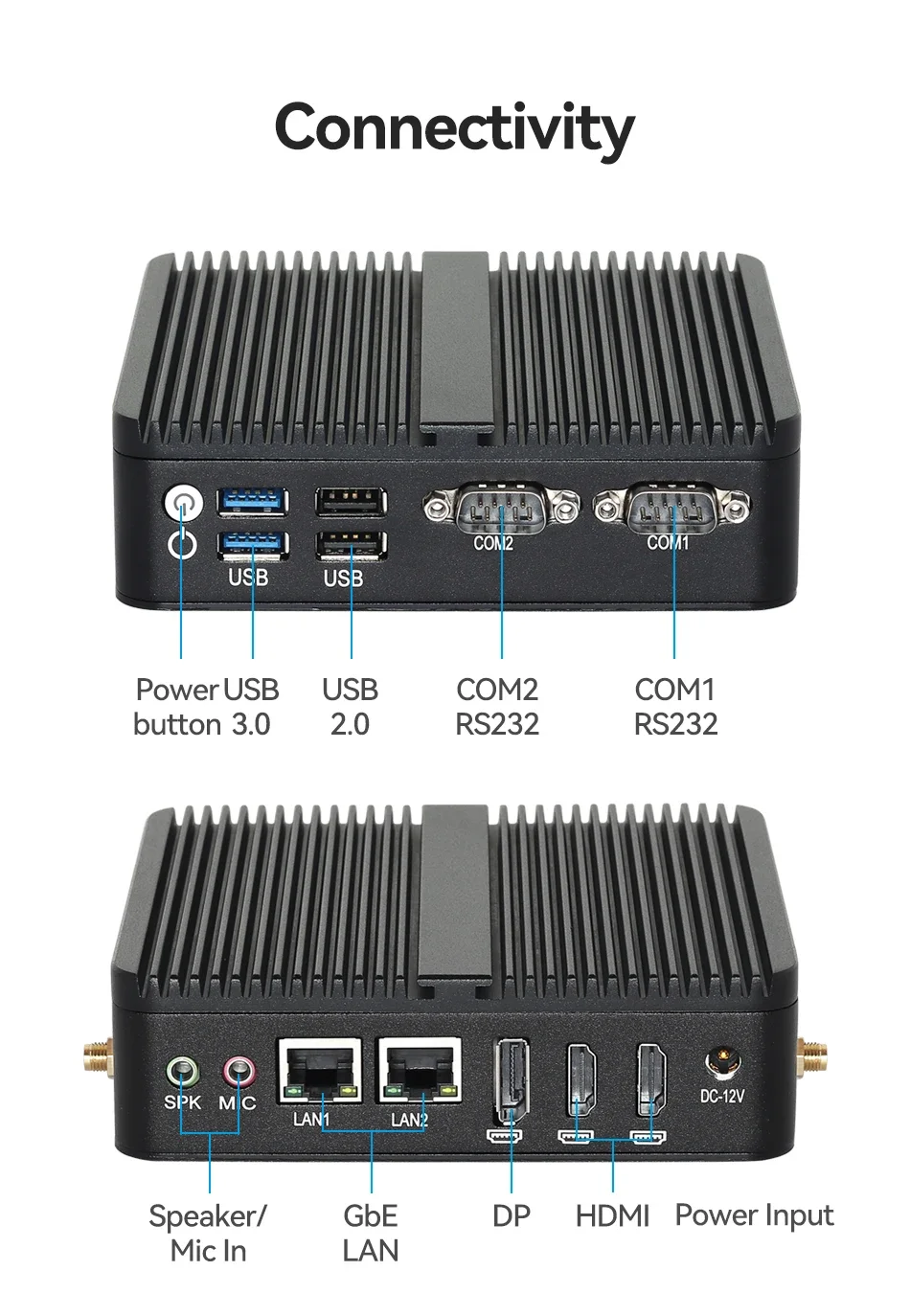 Computador portátil do escritório do Desktop, mini PC industrial, Intel Celeron J6412, DDR4, M.2, NVMe, SSD, 2xRS232, 3 * exposição, Windows 10, 11 Linux