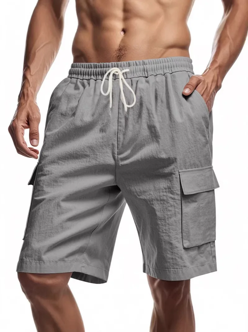 

Summer Mens Linen Solid Color Short Lightweight Gym Pants Cotton Beach Shorts Men Fitness Sport Large Breathable Short Homme