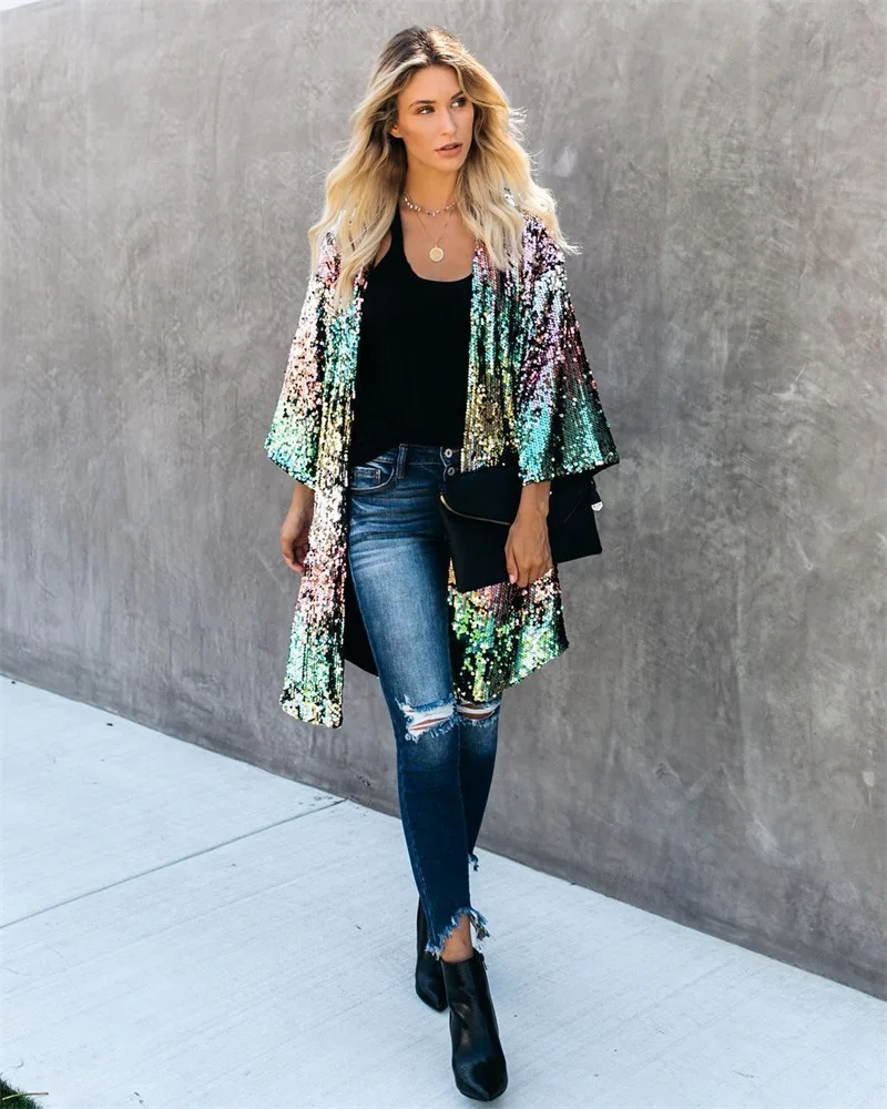 

Shiny Sequins Women Cardigan Windbreaker Jacket Long Outfit Casual Colorful Coat Street Wear