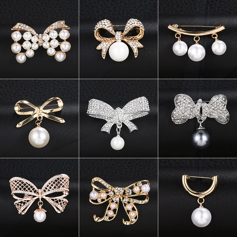 Broches Designer Jewelry for Hijab Vintage Pearl Bowknot  Brooch Pines For Women Rhinestones