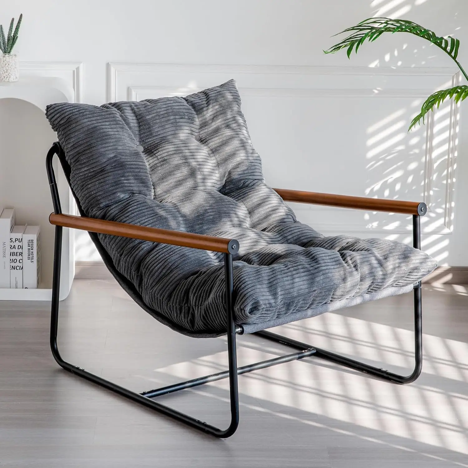 

Modern Accent Chair, Comfy Living Room Chair with Metal Frame Wooden Armrest, Upholstered Armchair with Soft Cushion for Bedroo