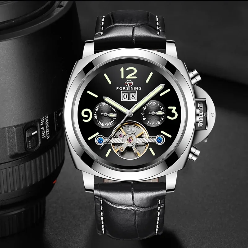 Fashion Forsining Top Luxury Automatic Men's Watch Mechanical Tourbillon Business Luminous Clock Male Leather Retro Wrist Watch