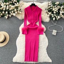 REALEFT Autumn Winter Women's Knitted Wrap Dresses 2024 New Long Sleeve Polo Collar Buttons Solid Sheath Dress Female