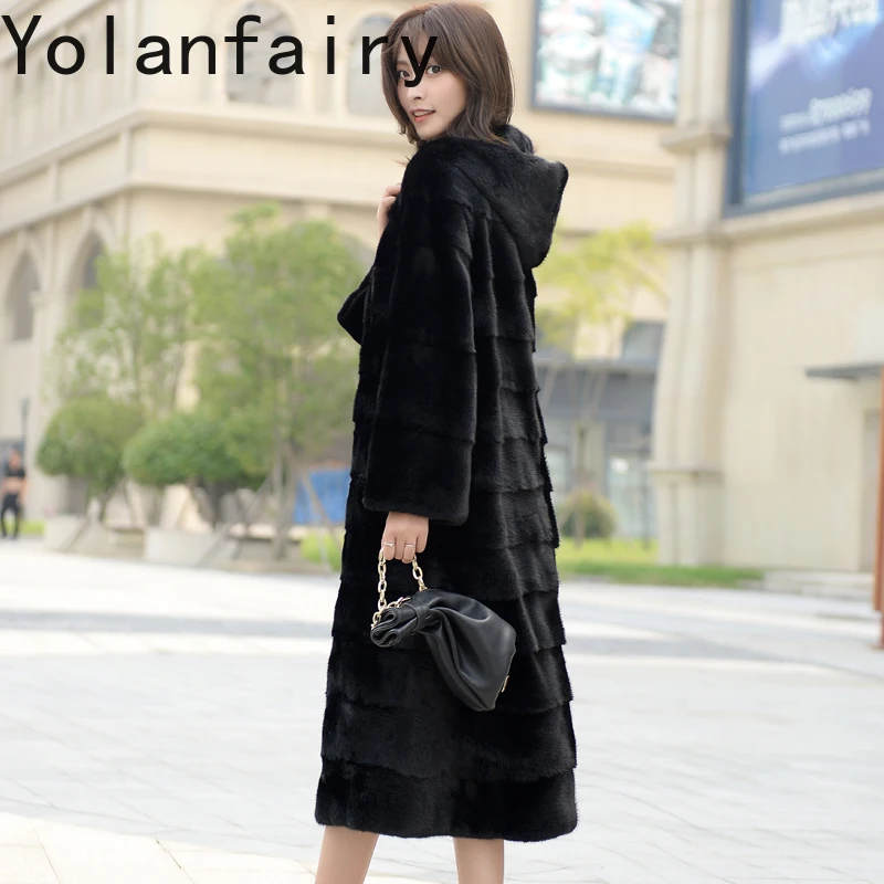 YOLANFAIRY Wysokiej Jakości Płaszcz z Futra Norki z Kapturem, Zimowy Płaszcz Średniej Długości z Prawdziwego Futra, Czarna Kurtka z Futra Norki, Casaco Feminino