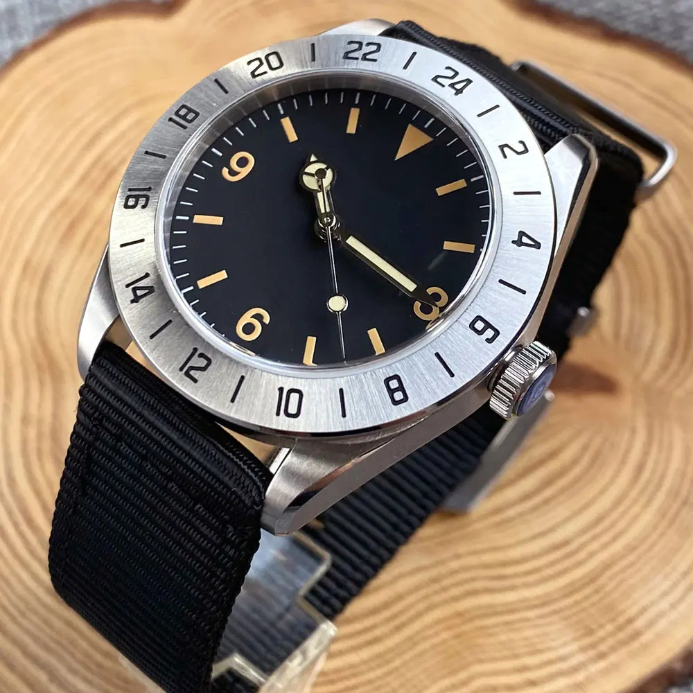 

20ATM Tandorio 39MM 24 Hour Fluted Bezel Black Dial Beige Hands Automatic NH35 PT5000 Men Watch Sapphire Glass Screwdown Crown