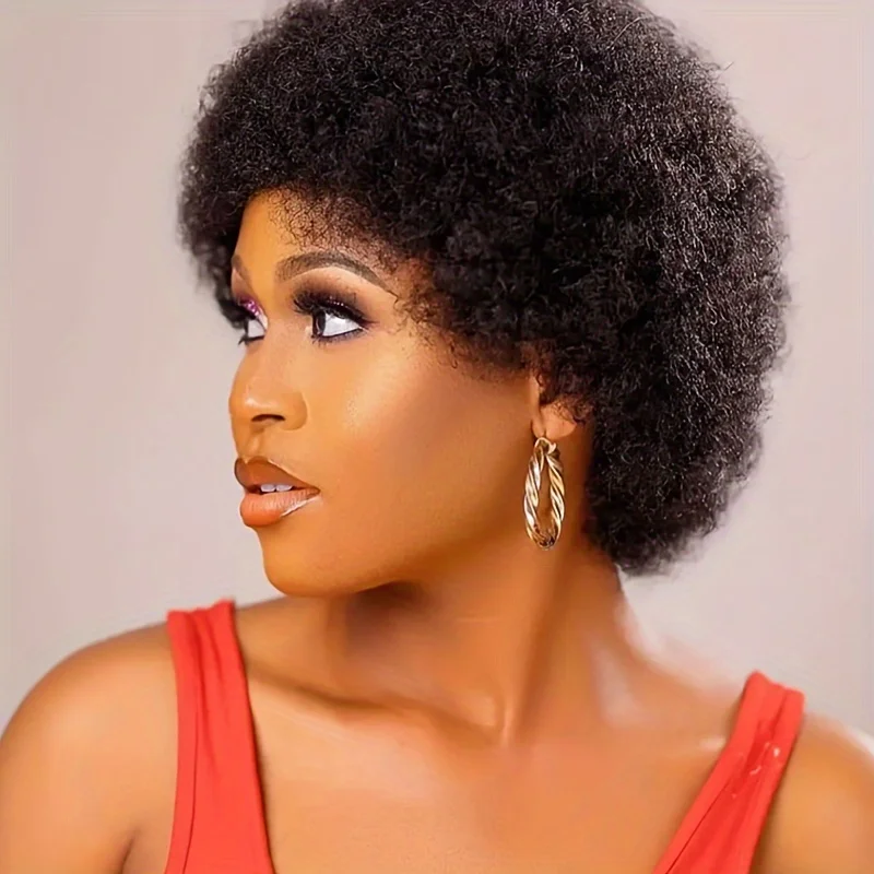 Short Afro Kinky Curly Human Hair Wig for Women Fluffy Hair Short Pixie Curly Retro Style Glueless Human Hair Wigs 6inch hair