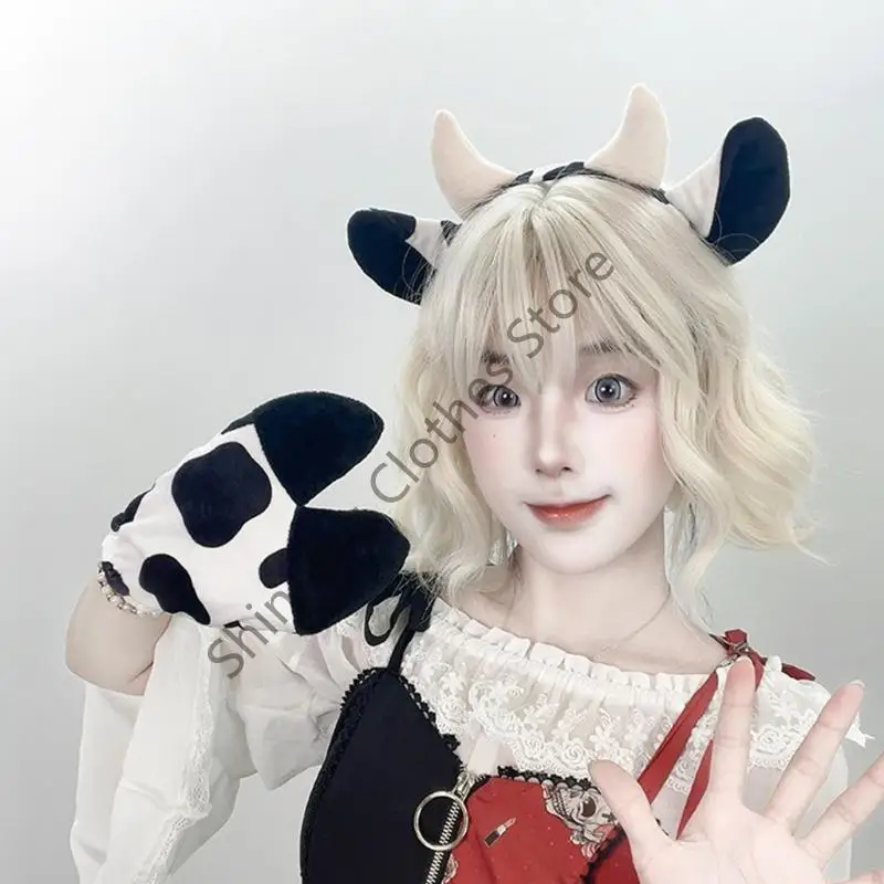 M68A 3 조각 귀여운 암소 의상 세트 암소 귀 머리띠 발 장갑 꼬리 어린이 성인 할로윈 코스프레 파티 의상