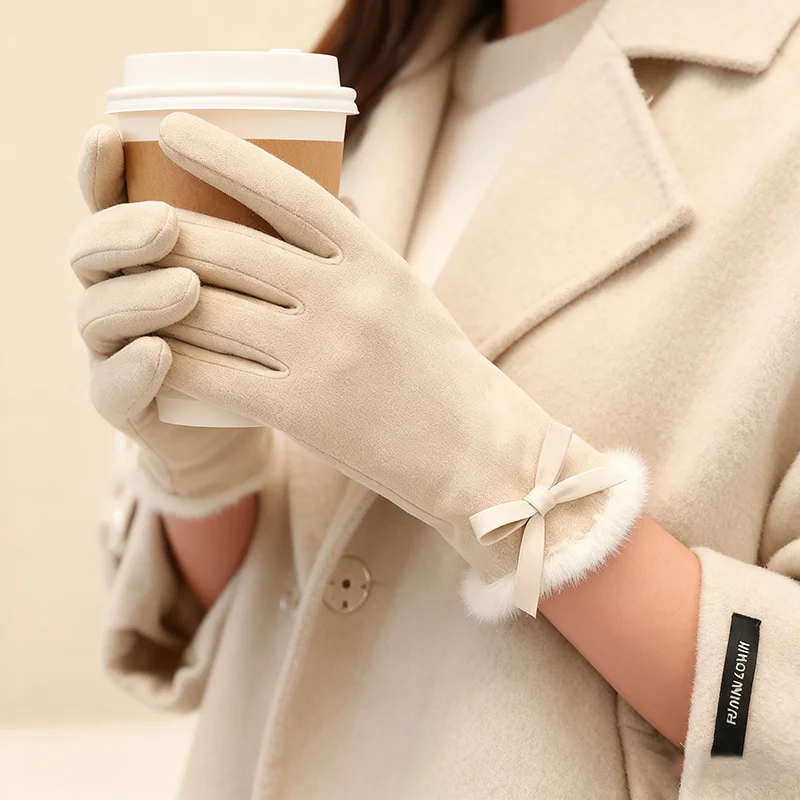 Korean Winter Warm Velvet Gloves Women's Versatile Velvet Inner Lining Windproof Elegant Gloves for Outdoor Travel Skiing Gloves