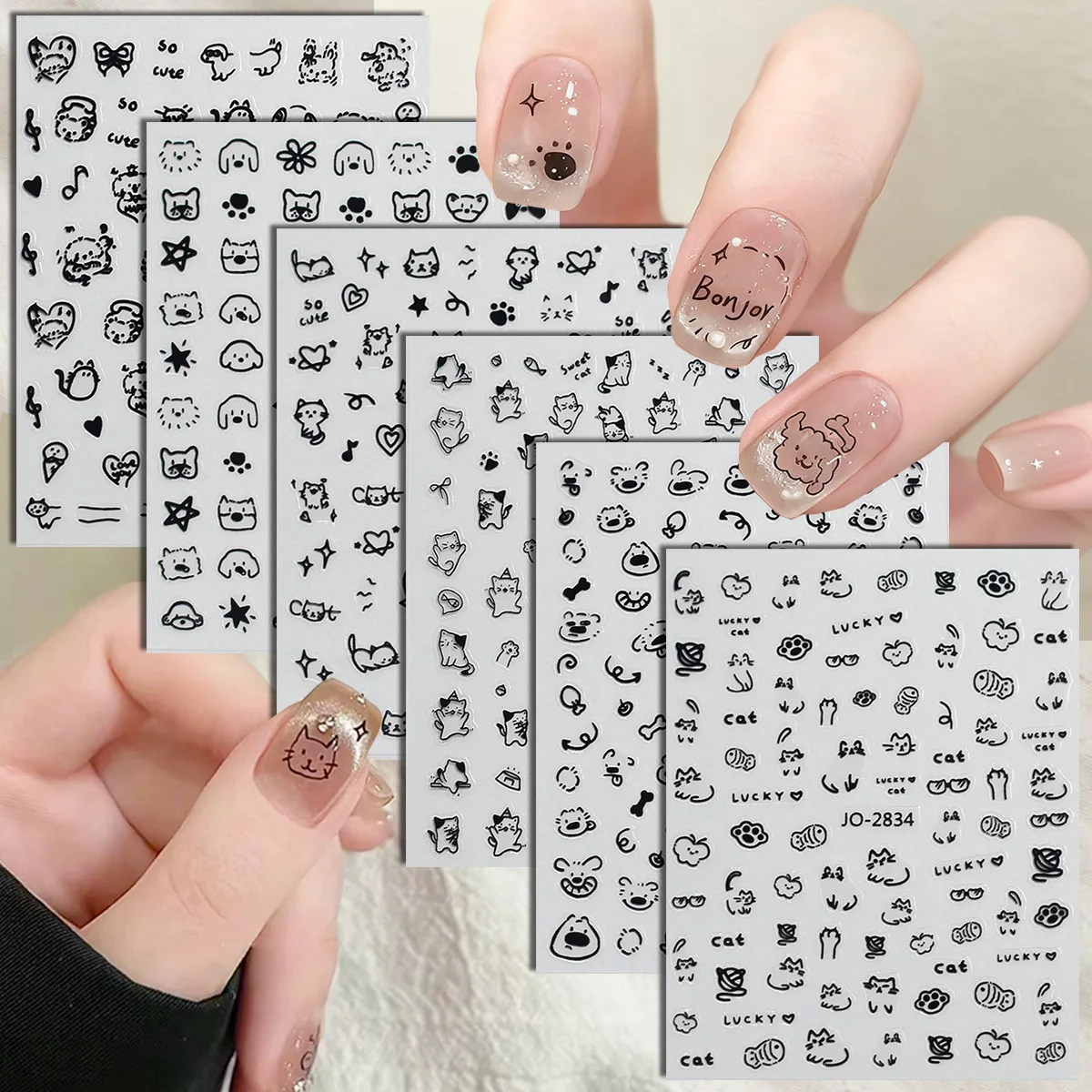 3/6/12 Sheets Cute Cartoon Cat Nail Art Stickers Black White Doodle Animal Nail Decals Kawaii Line Drawing Nail Stickers for DIY