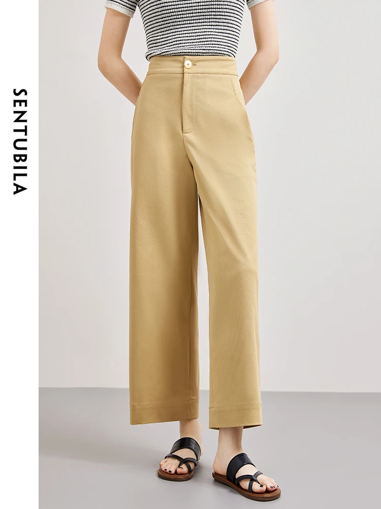 

SENTUBILA Simple High Waist Ankle-Length Pants 2024 Summer Solid Wide Leg Trousers Khaki Straight Loose Womens Pant 141K53393