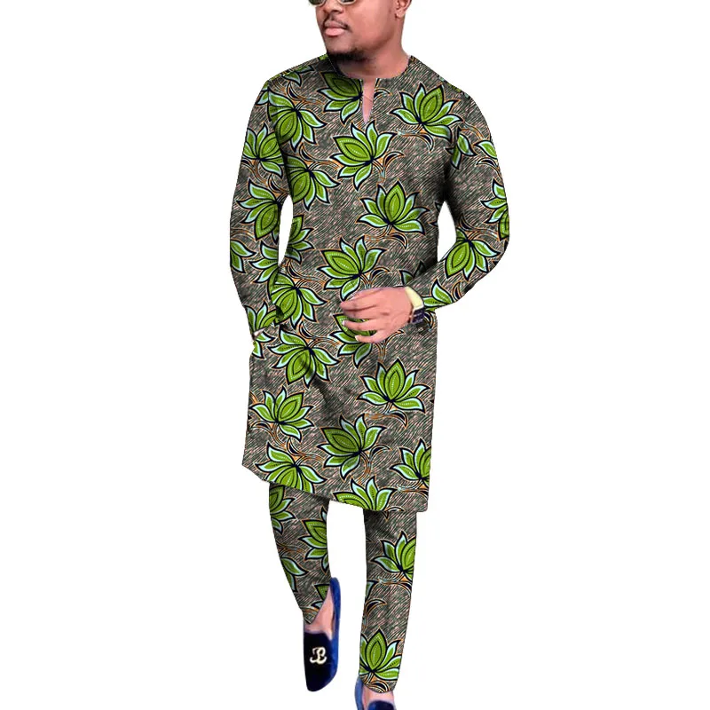 

Original Design Print African Couture Men’s Set V-neck Shirt Patch Elastic Waist Pants Tailored Performance Costume