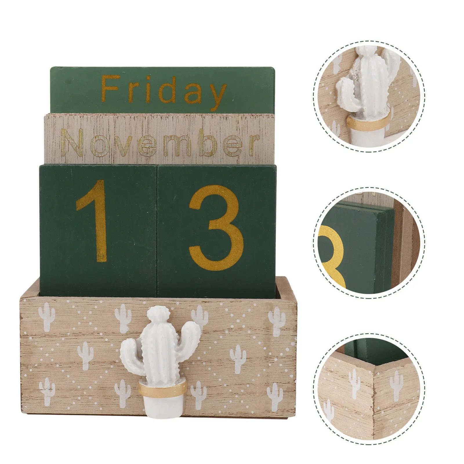 Cactus Wooden Desktop Calendar Set – Elegant, Practical & Chic Table Decor with Natural Green Design