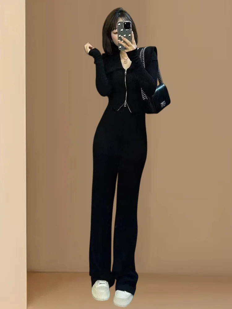 Slim Fit V-Ne Sweatirt Set Women's Faionable Wide Leg Pants Two-Piece Suit Autumn Winter New Arrival Commuter Sle