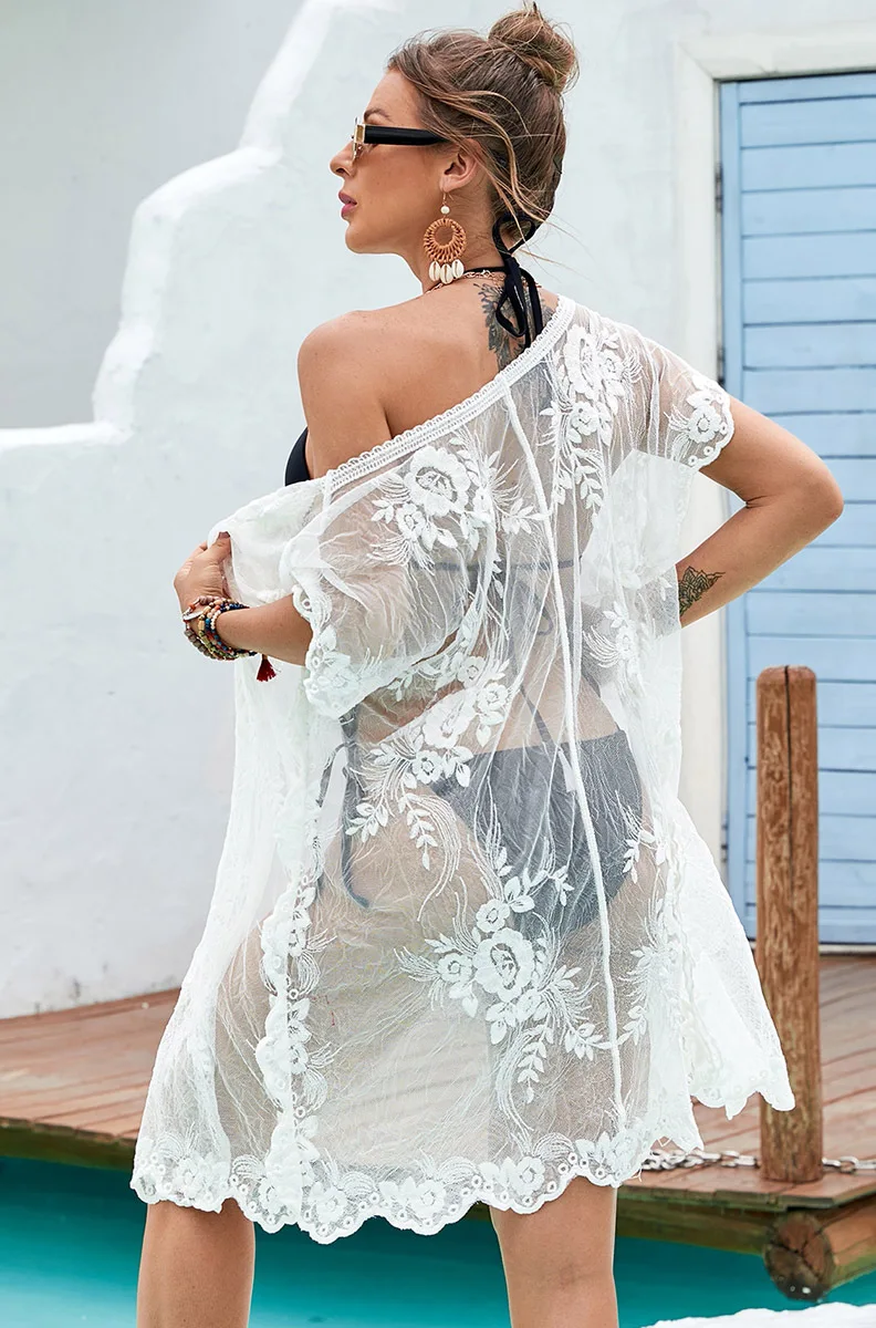 Abito da spiaggia sexy in pizzo trasparente, costume da bagno, bikini, copricostume per donna, cardigan, fiori, motivo ricamato, costumi da bagno larghi