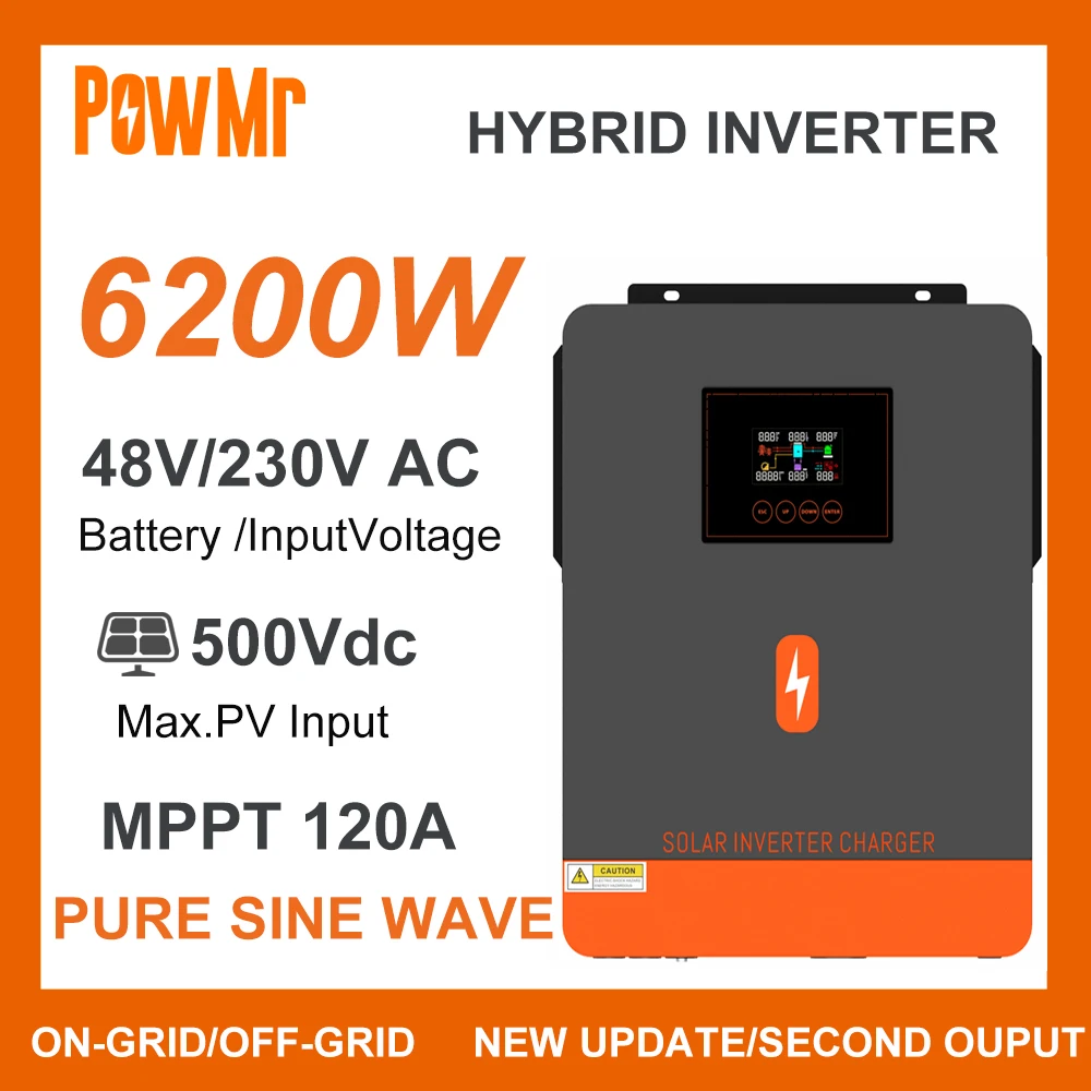 PowMr 6.2KW Grid Tie Off-Grid Hybrid Inverter DC 48V 220/230V AC and 120A MPPT Solar Charger Solar Panel Max PV 500V Dual Output