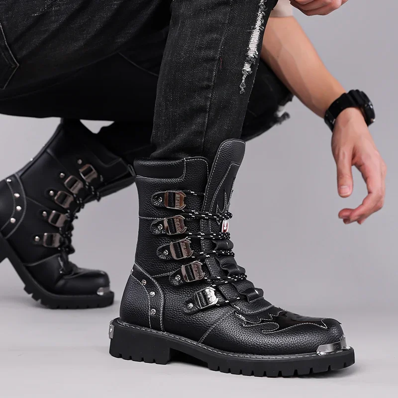 Cycling Boots Four Seasons Men's Outdoor Motorcycle Boots Plus Size High Top Casual Leather Boots Fashion British Anti Slip Boot