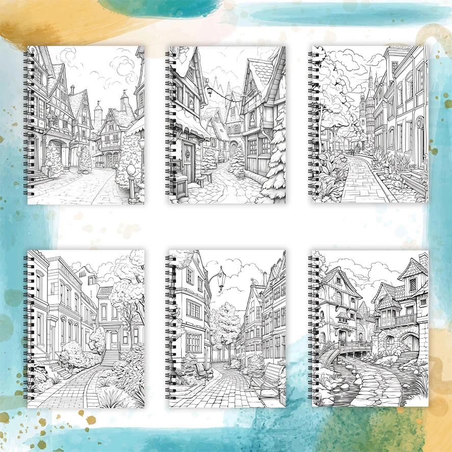 Kolorowanka dla dorosłych Vintage Street Scene - 8,3x 11,2 cala 32-stronna kolorowanka - pomaga zmniejszyć stres i łagodzi emocje