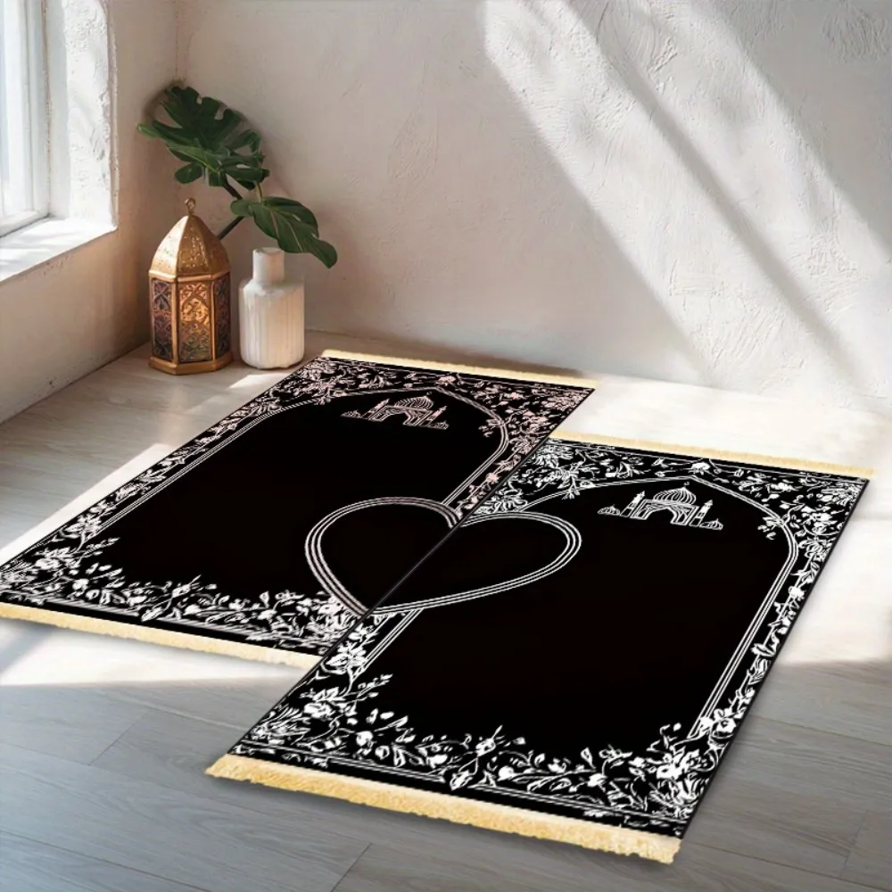 VIKAMA 2pc Muslim Prayer Mat with Love Heart Print, Couple Pilgrimage Rug, Foldable Fringed Carpet for Travel, Eid Ramadan Gift