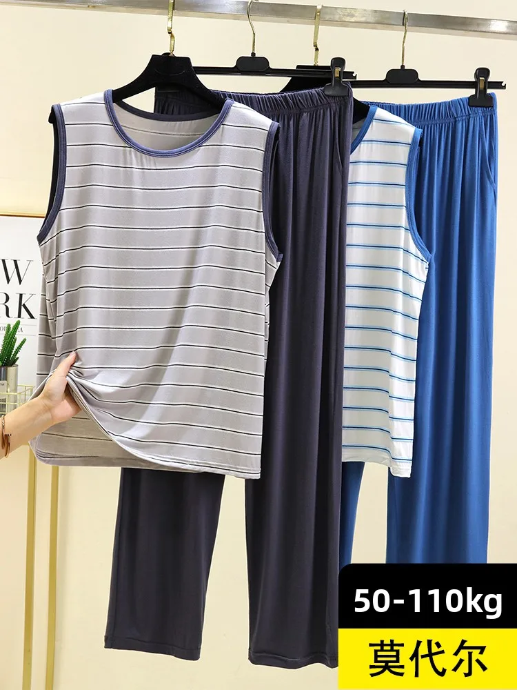 

Мужская домашняя одежда в полоску из модала, летний тонкий жилет, брюки, комплект из двух предметов, повседневный комплект одежды большого размера, дышащий, прохладный, ощущение
