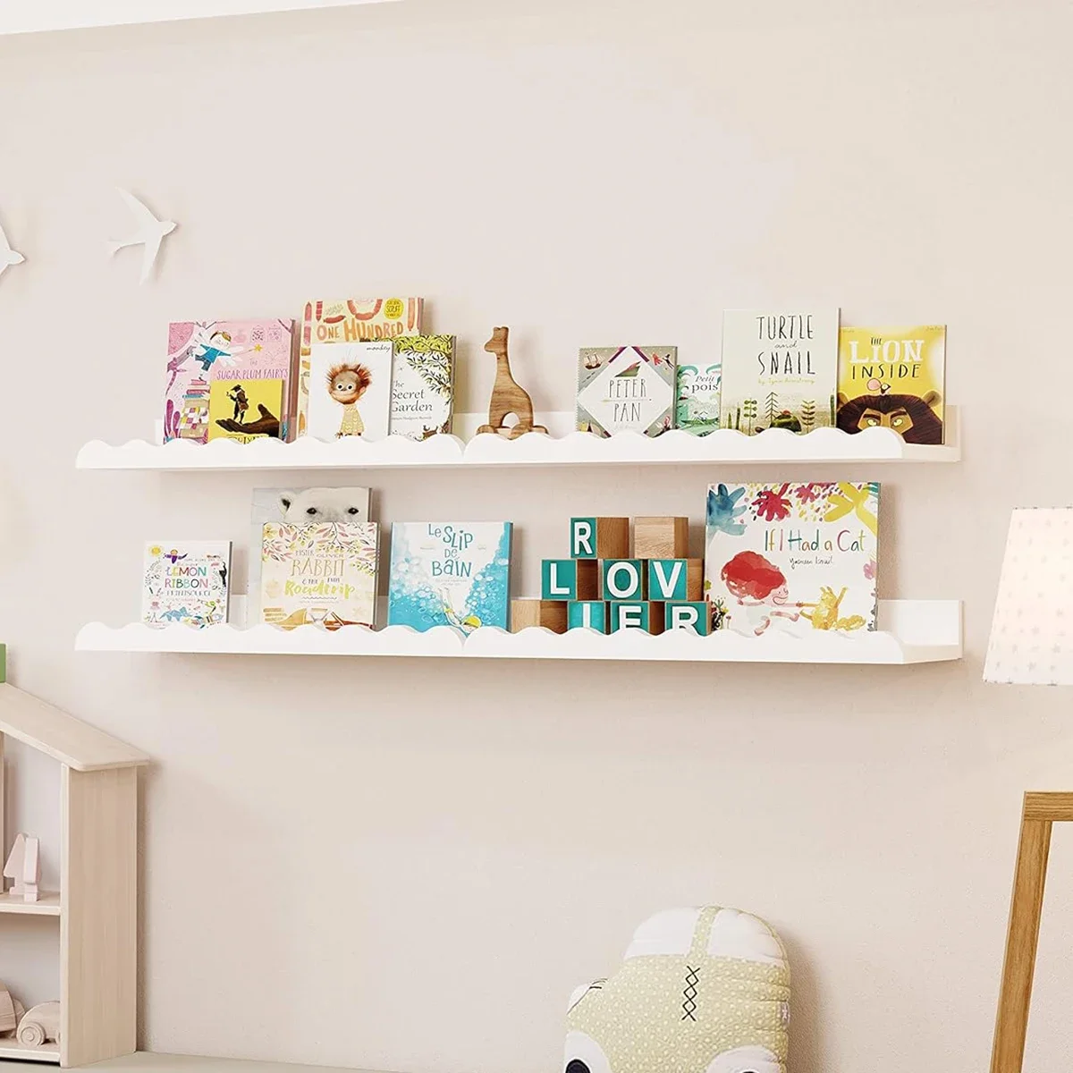 For Kids' Room, Nursery Wall Decor, Scalloped Edge Display Shelf for Storage Boho Wall-Mounted Shelf, Wooden Floating Shelf