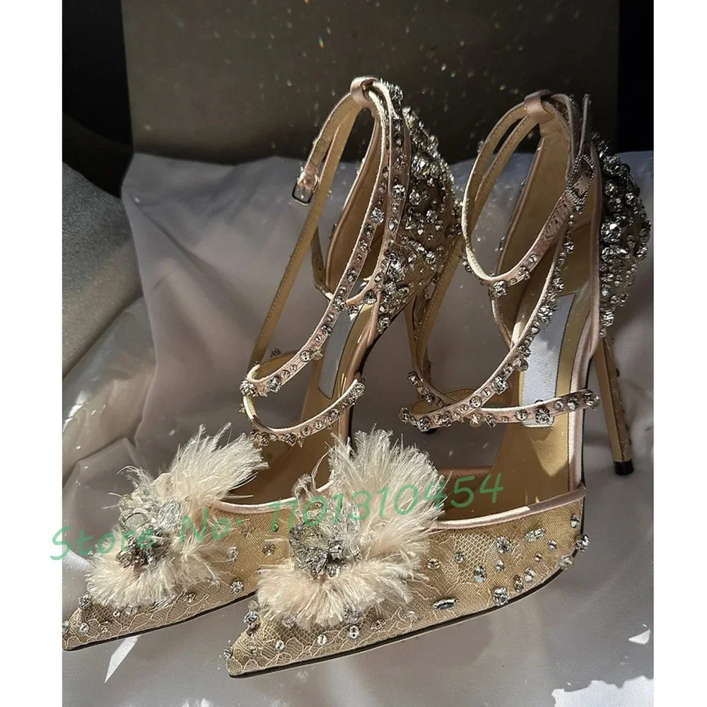 Lace Pumps With Crystals Encrusted Feather Women Sparkling Dark Romance High Stiletto Heels Summer Elegant Pointy Party Sandals