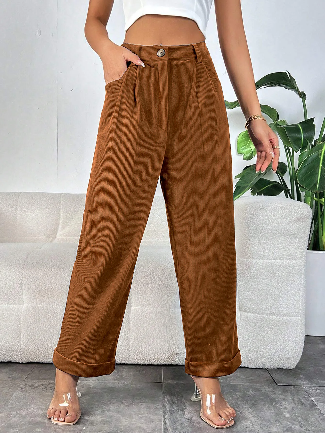 BKLD Solid Color 2025 New Autumn Women Clothing High Waisted Trousers Pocket Corduroy Casual Temperament Straight Leg Pants