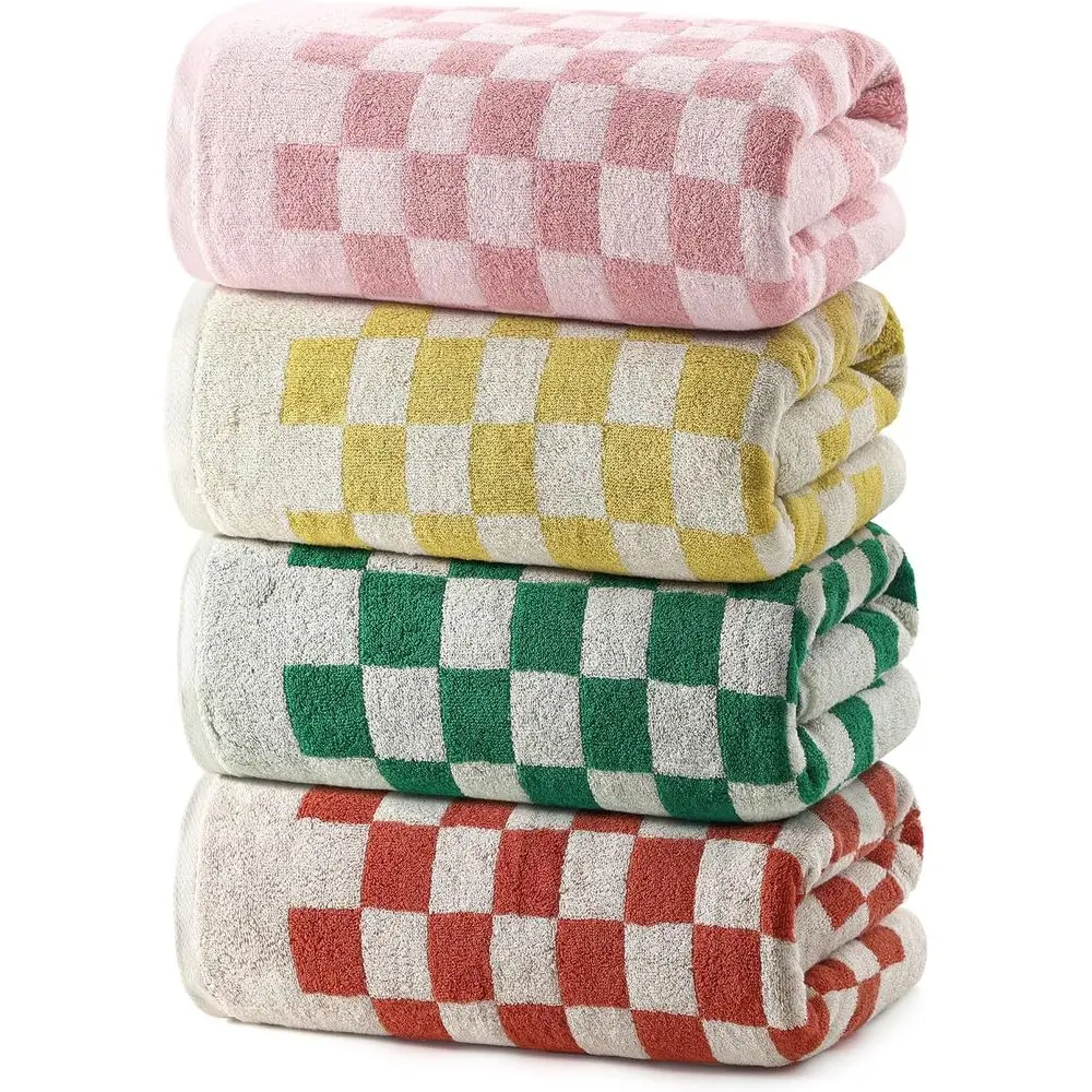 

4-Piece Large Multicolor Checkered Bath Towel Set - High Absorbency Cotton Shower Towels for Bathroom Decor