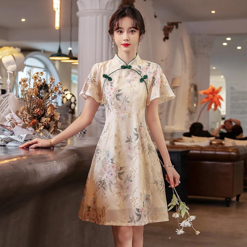 New Style Summer Improved Chiffon Cheongsam Women\' Elegant Chinese Traditional Short Sleeve Qipao Dress Modern