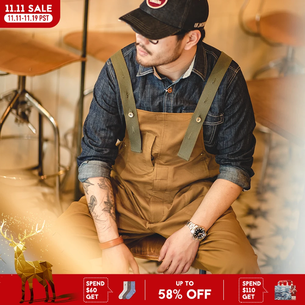 

Maden American Retro Braces Pants for Men Loose Straight Casual One-piece Camisole Long Pants Streetwear Men Solid Trousers