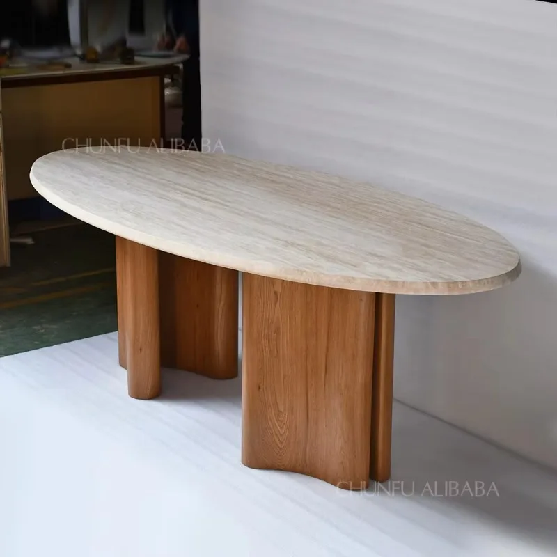 Modern Minimalist Style Dining Table Solid Wood Base Cave Oval Travertine Home Furniture Entry OEM ODM Available