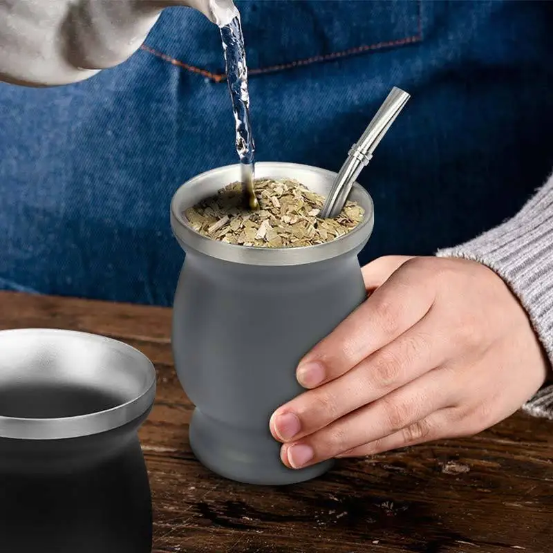 Juego de taza de mate tradicional de 8 oz con pajita y cepillo de limpieza, de acero inoxidable resistente y portátil, para beber yerba mate.