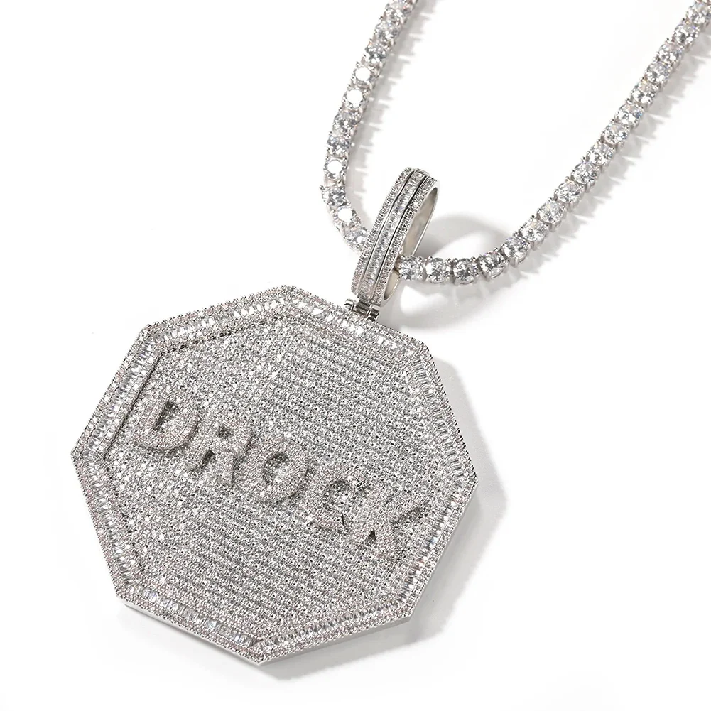 TBTK Octagon Nameplate Pendant Necklace for Men Iced Out Round CZ Stones Pendant Charms Fashion HipHop Jewelry for Gift