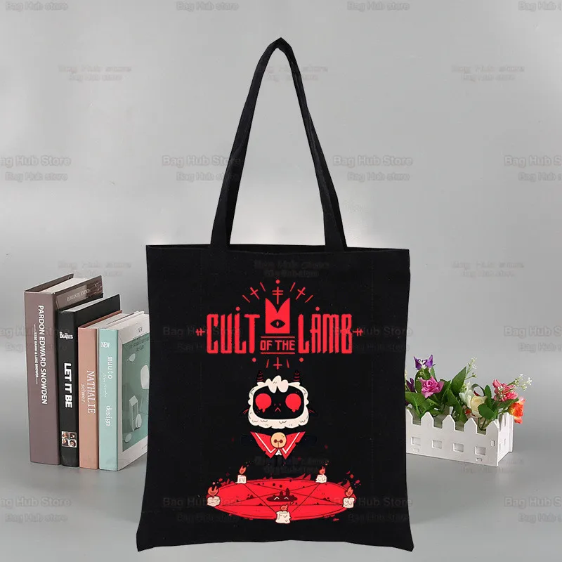 Cartoon Cult of The Lamb Harajuku Shopping Black Bags Canvas Cartoon Video Game Tote Bag Mom Cloth Bag Handbag Shoulder Bags