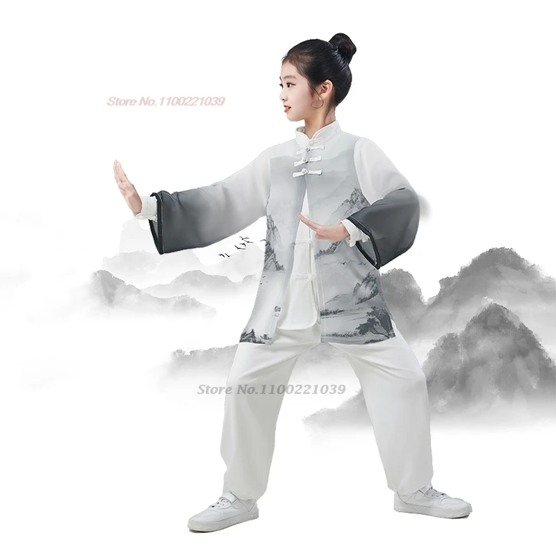 2025 chinese children wushu shaolin clothing martial arts suit kung fu uniform national landscape print training exercise set