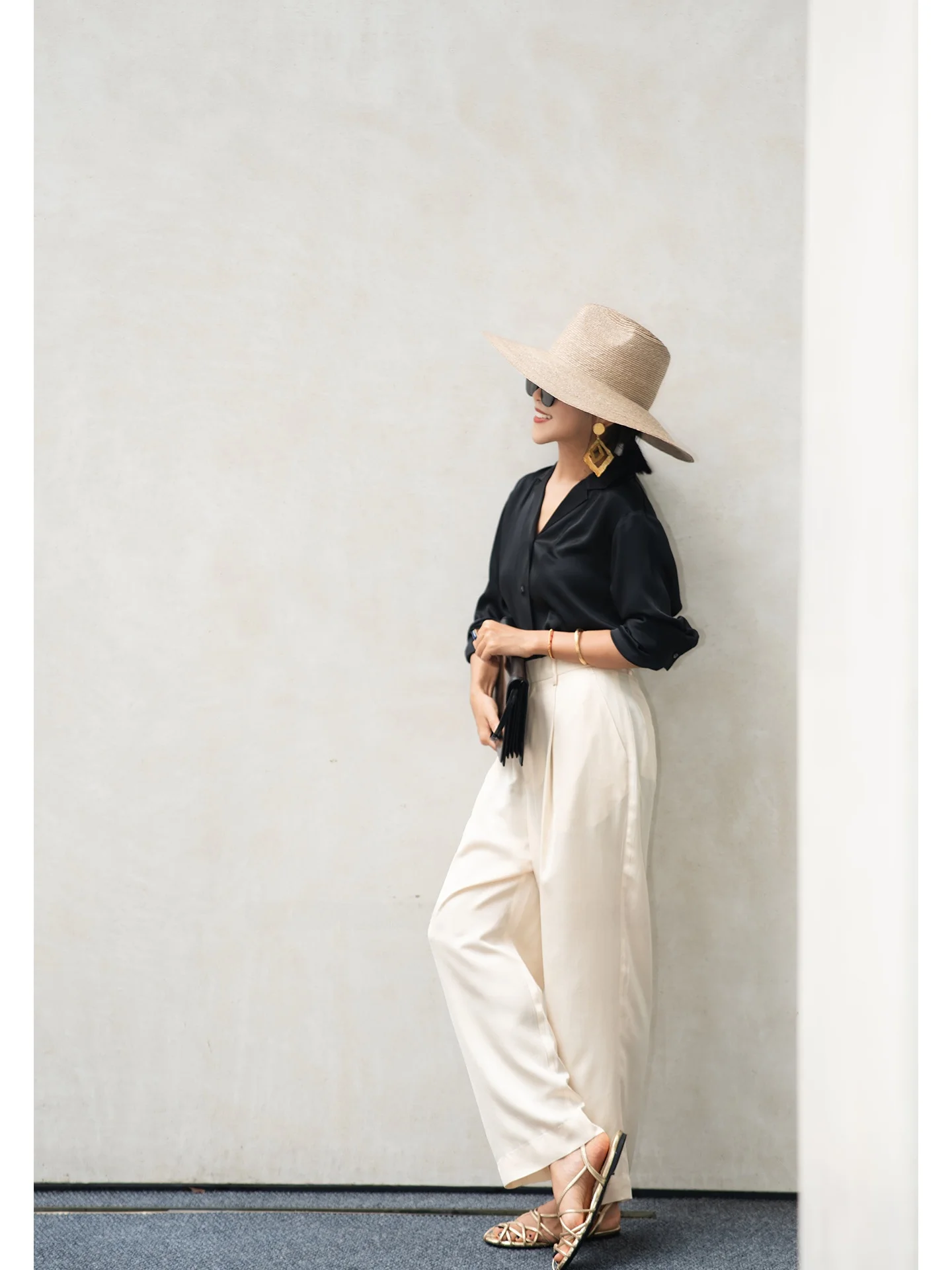 

Ele Draped Satin Acetate Pants in Light Champagne Color Loose Fit Casual Straight Leg Trousers for Women Summer 2025