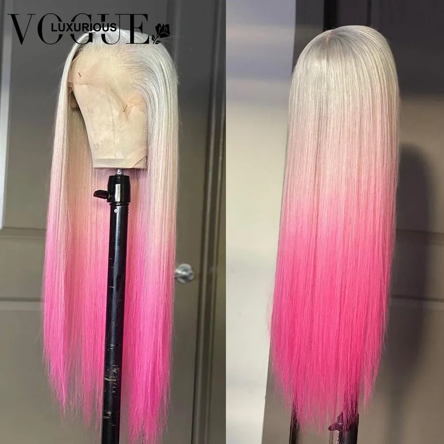 Perucas de cabelo humano rosa Ombre reta, perucas frontais de renda platina pré-arrancadas, linha fina natural, cabelo remy brasileiro