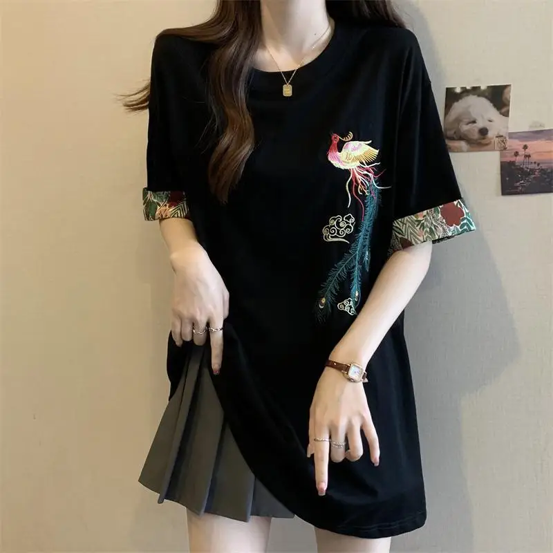 Summer New Round Neck Fashion Short Sleeve T-shirt Women Vintage Chinese Style Embroidered Pullovers Casual Loose All-match Tops