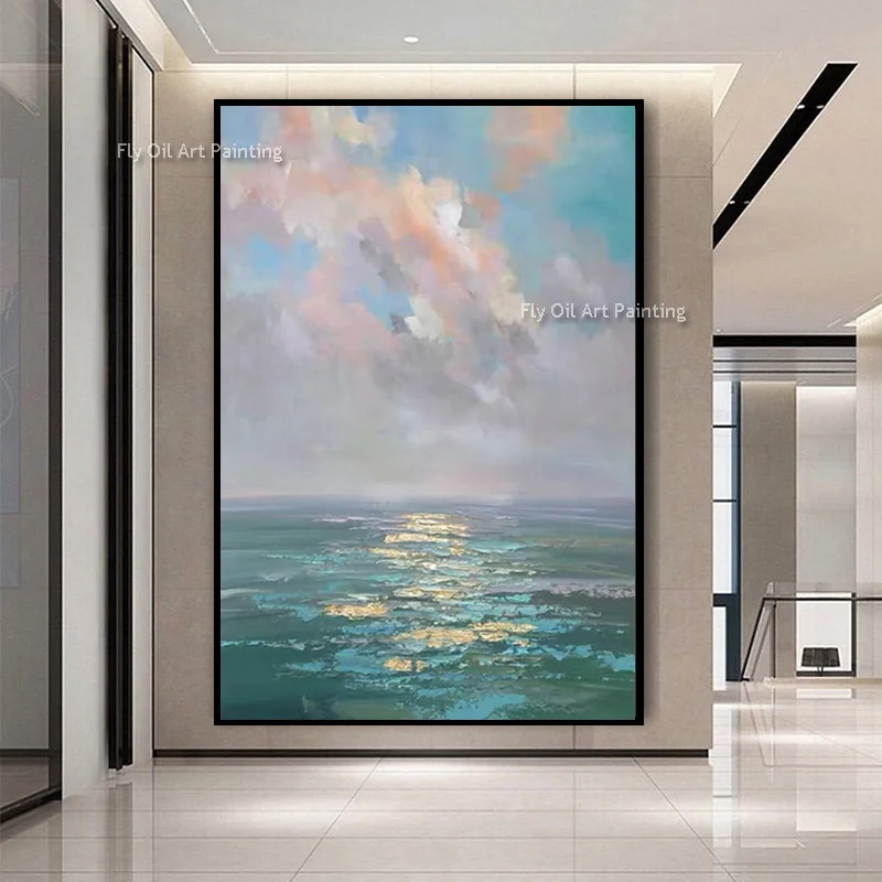 Large Handmade Blue White Seawave Sunset View Wall Art On Canvas Simple Fashional Design White Knife Thick Oil Painting Decor