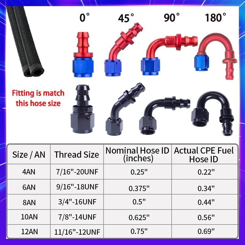 Universal AN4/AN6/AN8/AN10 Aluminum Oil Fuel Fitting Female Swivel to Push Lock Hose End Adaptor Kit Rubber Tube 0/45/90/180